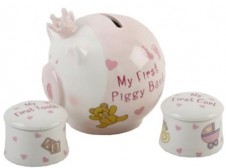 My First Piggy Bank with 1st Curl  1st Tooth Set in Pink