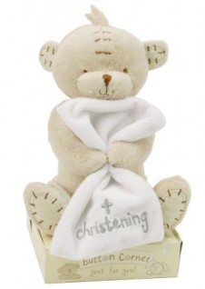Button Corner Christening Teddy with Comfort Blanket