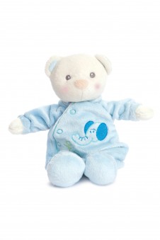 Snuggles teddy Blue in an adorable sleepsuit